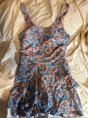 CiCiBird NWT Blue Floral Scoop Neck One-Piece Swimdress W/3 Layer Skirt, XL